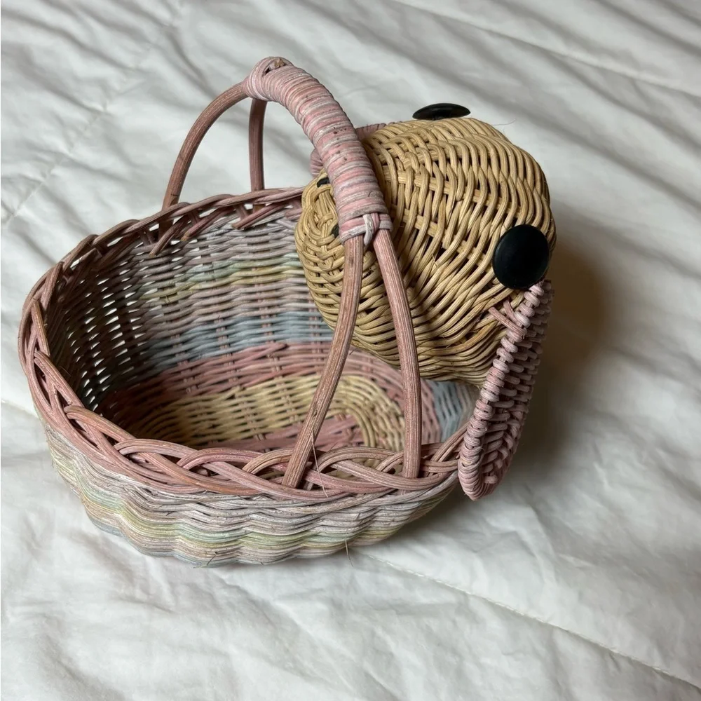 Vintage Woven Easter Bunny Basket with Pink, Blue, and Tan Accents